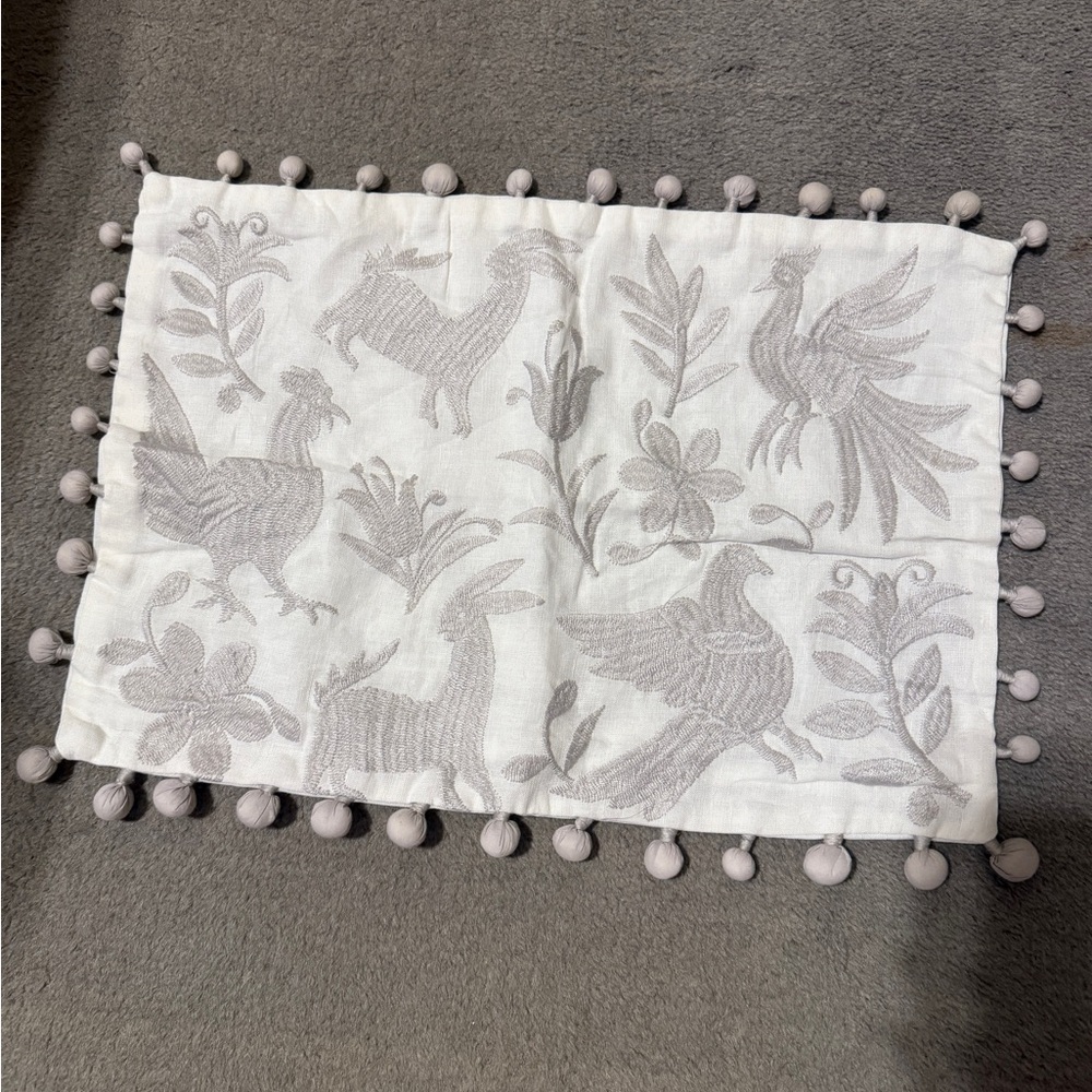 Embroidered White & Gray Decorative Pillow Cover Pom Pom Trim Animal Floral